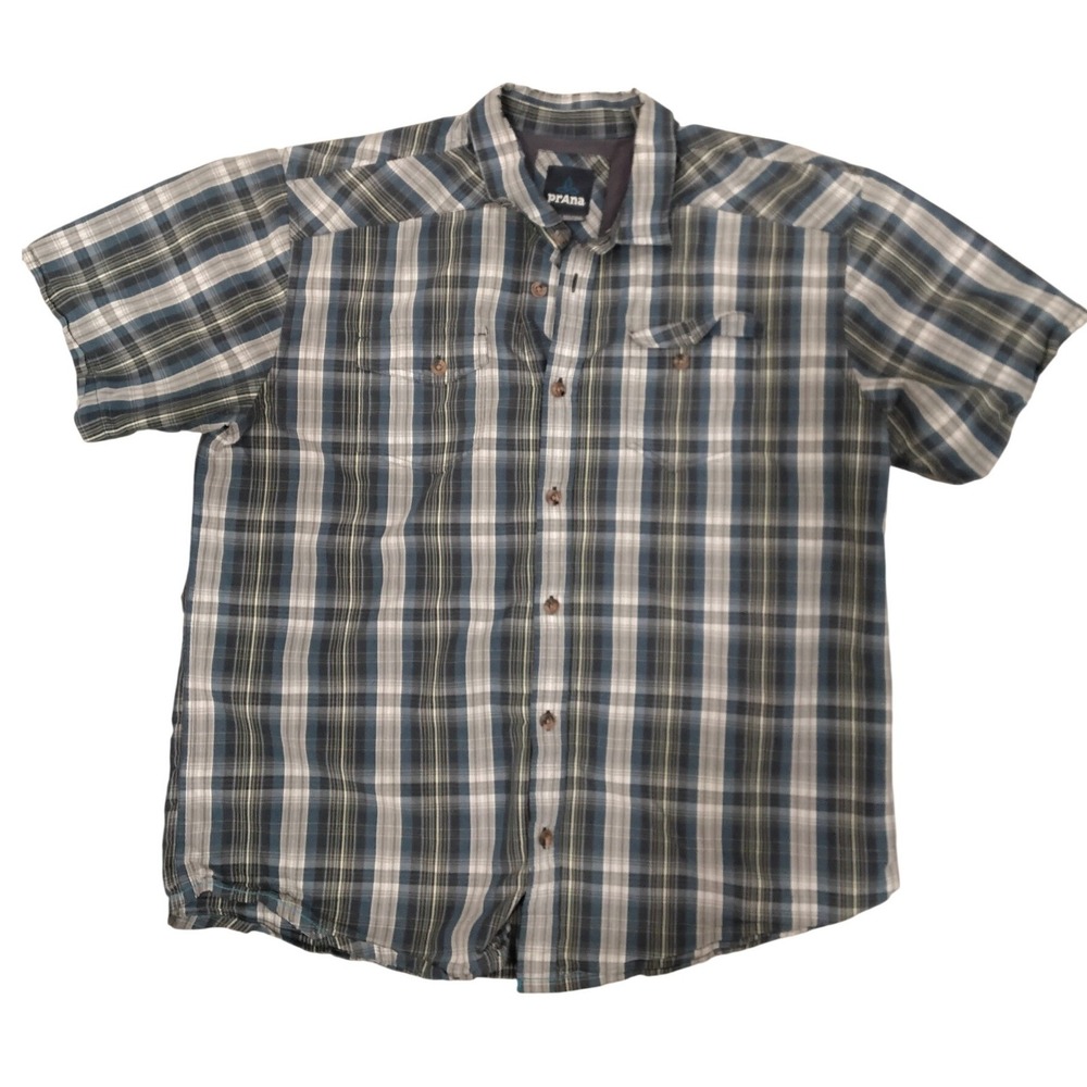 Prana Mens XXL Blue Grey Plaid Short Sleeve Button Down Hiking Shirt XX-Large
